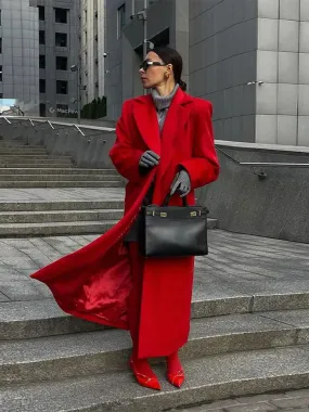 Back To School Joskaa Fashion Red Turn Down Collar Long Overcoats Elegant Lady Solid Long Sleeves With Pocket Coats 2024 Autumn Winter High Streetwear