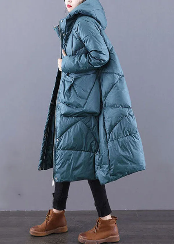 Beautiful Blue-Green Hooded Zippered Oversized Thick Duck Down Puffers Jackets Winter