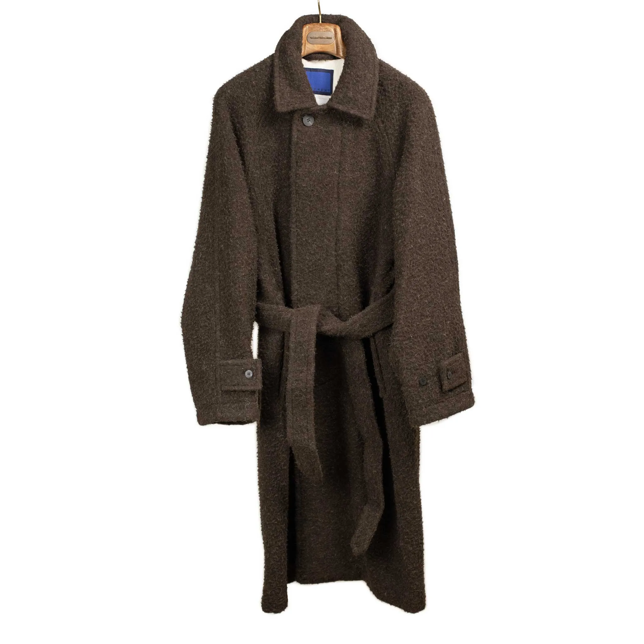 Belted balmaacaan overcoat in brown Casentino wool