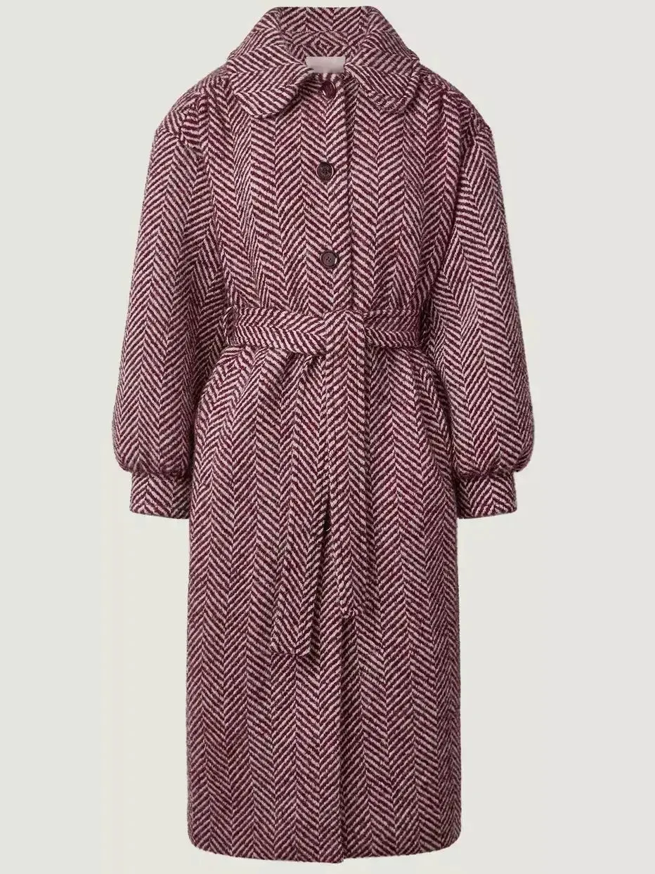 Belted Burgundy Herringbone Wool-Blend Midi Coat