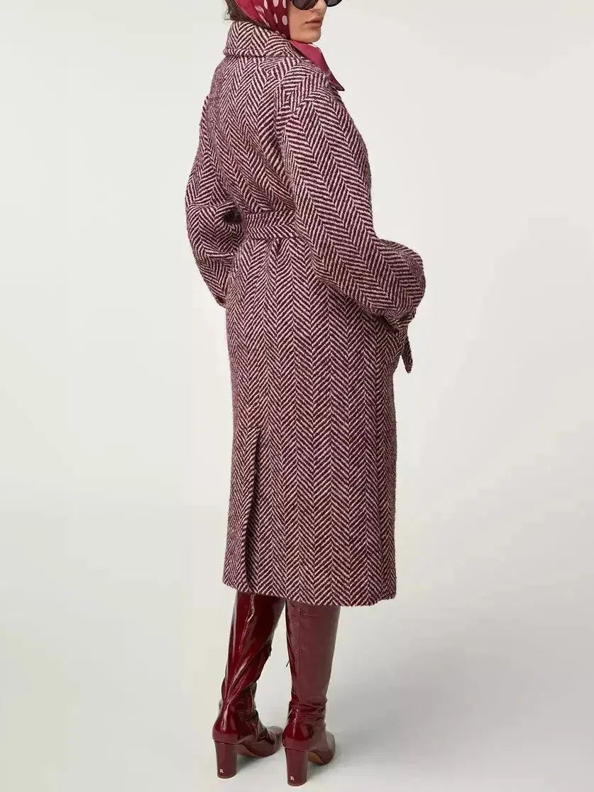 Belted Burgundy Herringbone Wool-Blend Midi Coat