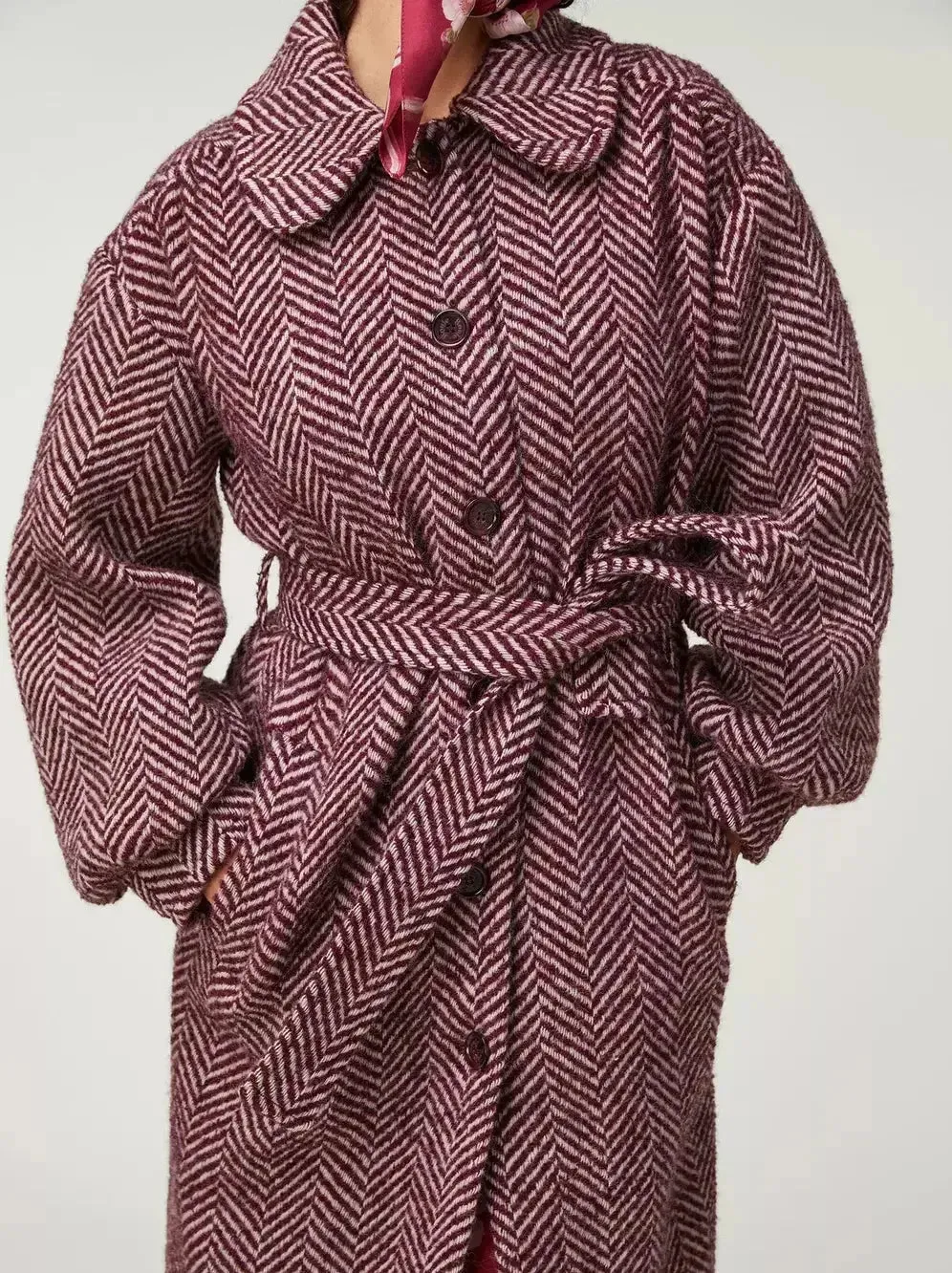 Belted Burgundy Herringbone Wool-Blend Midi Coat