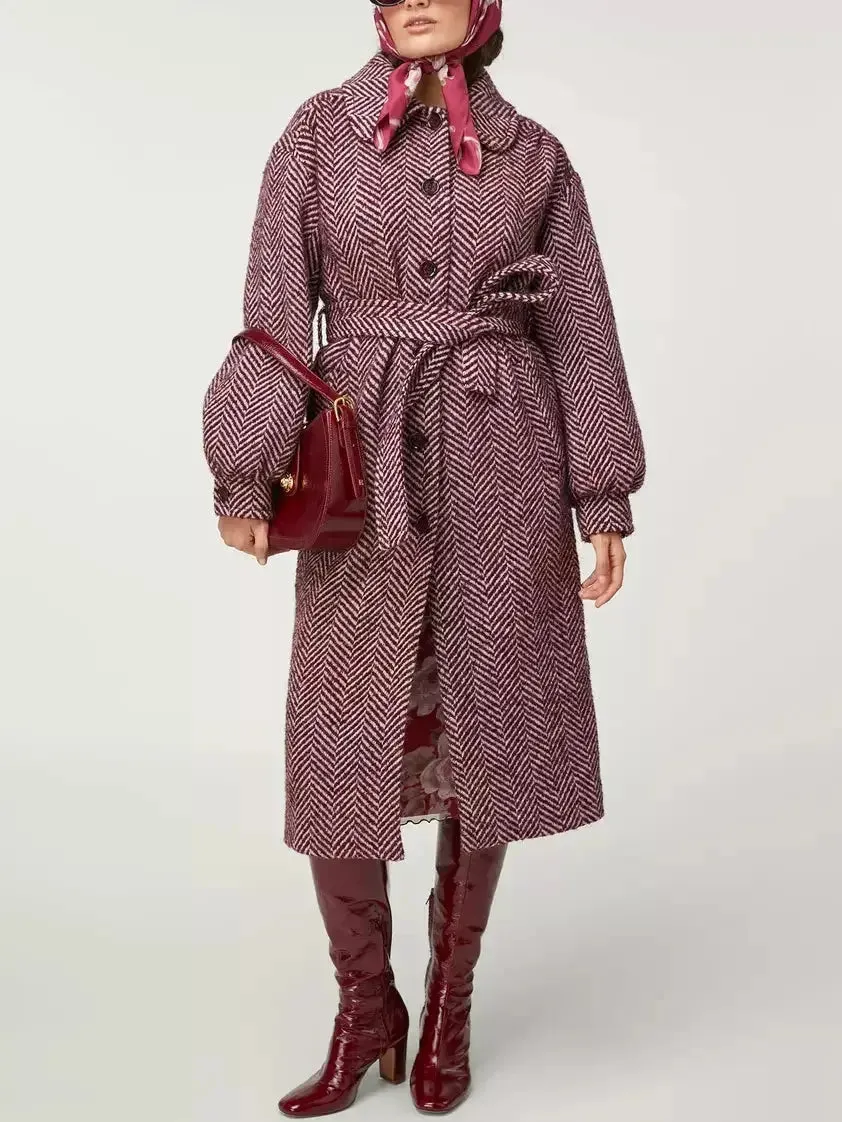 Belted Burgundy Herringbone Wool-Blend Midi Coat