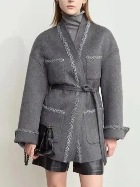 Belted Grey Wrap Short Wool-Blend Coat