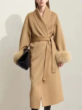 Belted Wrap Wool Coat with Detachable Fox Fur Cuffs in Camel