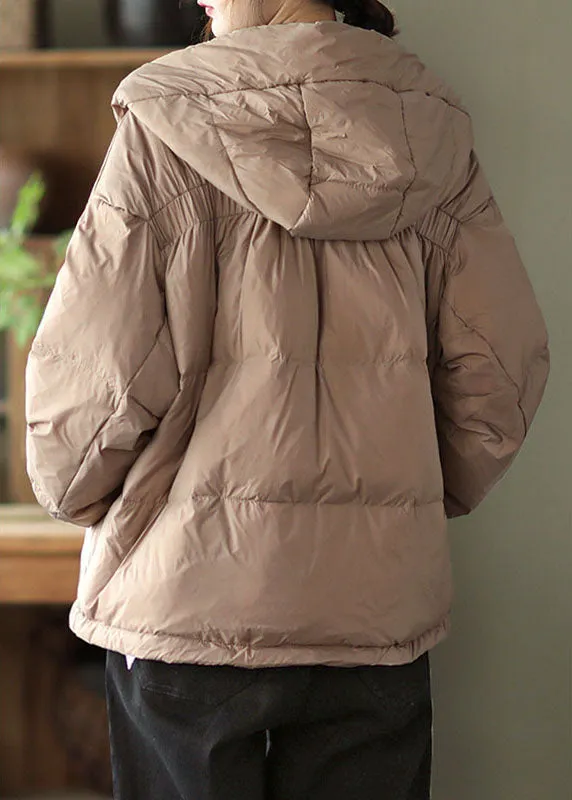 Boho Khaki hooded zippered Pockets Loose Winter Down Coat