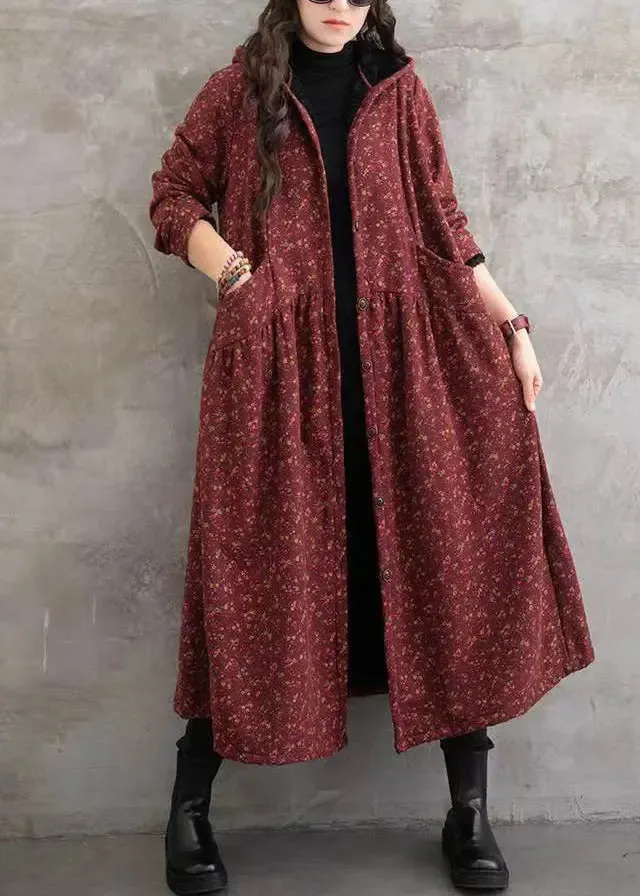 Boho Red Print Pockets Patchwork Warm Fleece Hooded Trench Winter ML0489