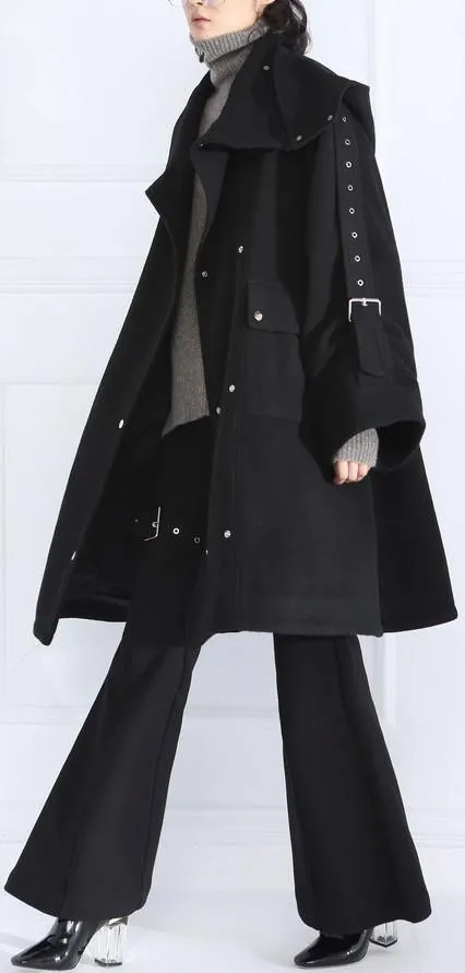 Buckle-Embellished Black Boxy Wool Coat