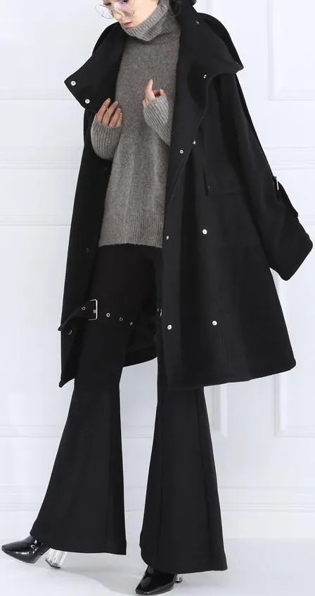 Buckle-Embellished Black Boxy Wool Coat