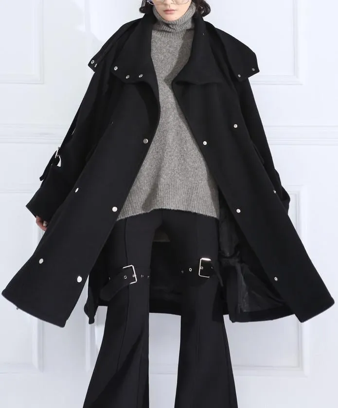 Buckle-Embellished Black Boxy Wool Coat