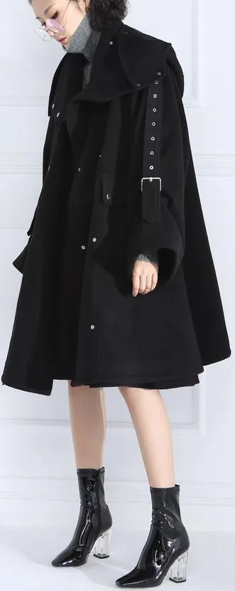 Buckle-Embellished Black Boxy Wool Coat