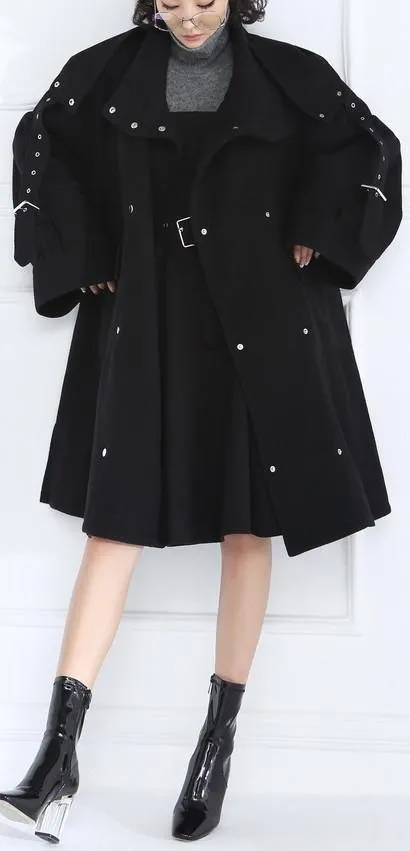 Buckle-Embellished Black Boxy Wool Coat