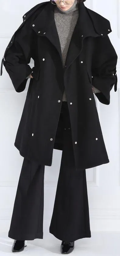 Buckle-Embellished Black Boxy Wool Coat