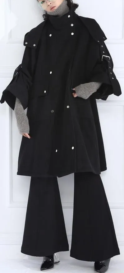 Buckle-Embellished Black Boxy Wool Coat