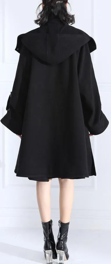 Buckle-Embellished Black Boxy Wool Coat