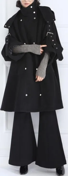 Buckle-Embellished Black Boxy Wool Coat