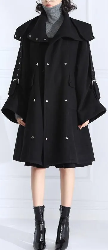 Buckle-Embellished Black Boxy Wool Coat