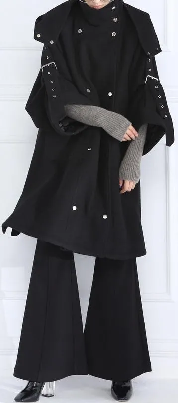 Buckle-Embellished Black Boxy Wool Coat