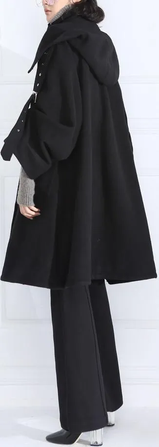 Buckle-Embellished Black Boxy Wool Coat