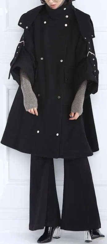 Buckle-Embellished Black Boxy Wool Coat