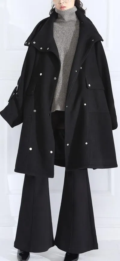 Buckle-Embellished Black Boxy Wool Coat