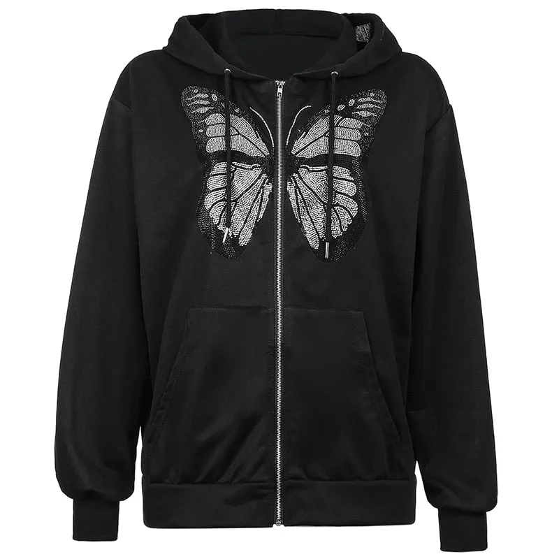 Butterfly Print Zip-Up Women's Casual Hoodie