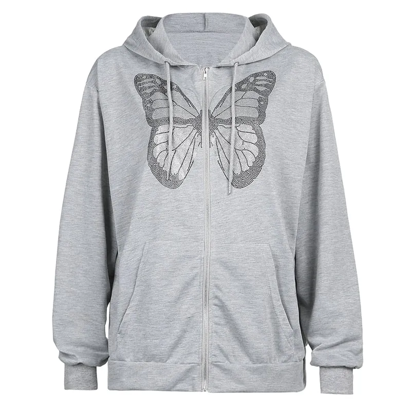 Butterfly Print Zip-Up Women's Casual Hoodie