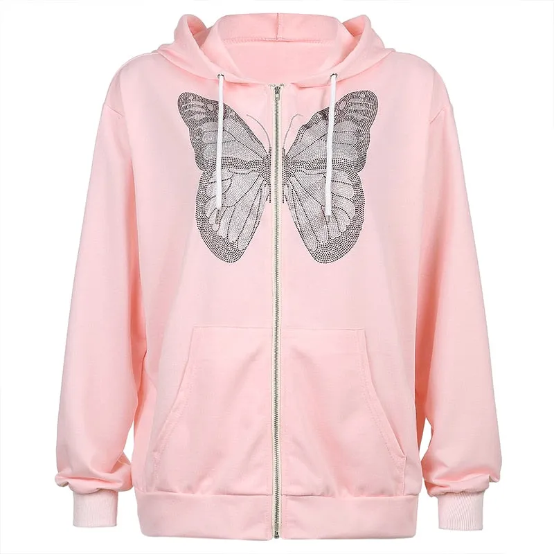 Butterfly Print Zip-Up Women's Casual Hoodie