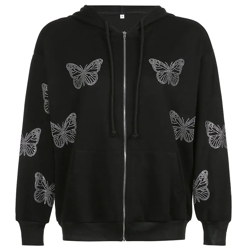 Butterfly Print Zip-Up Women's Casual Hoodie