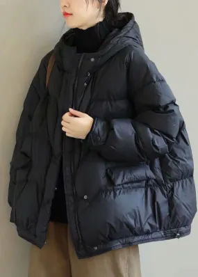 Casual Black Hooded Drawstring Duck Down Puffer Jacket Winter