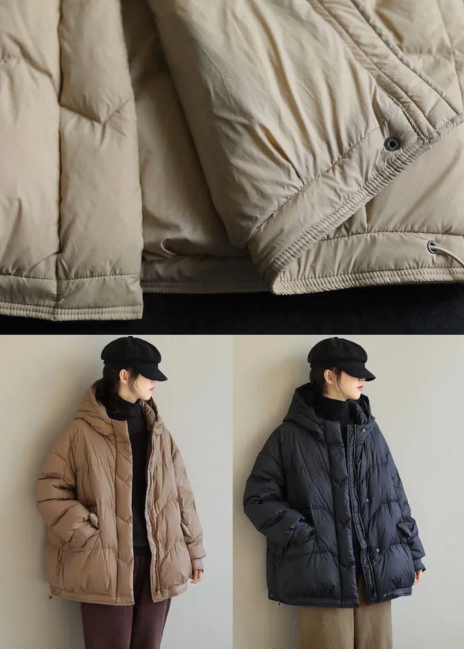 Casual Black Hooded Drawstring Duck Down Puffer Jacket Winter