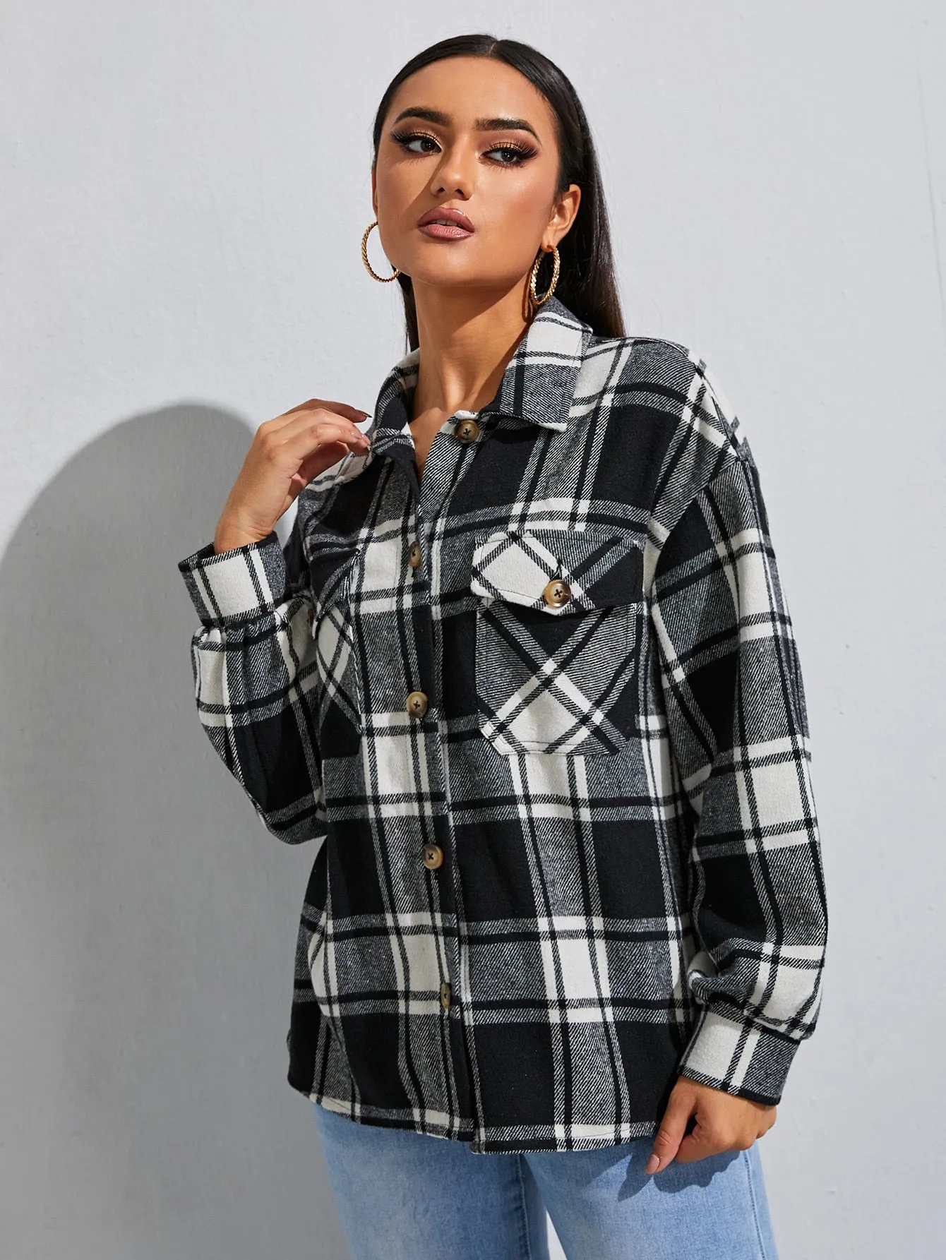 Casual Plaid Button Long Sleeve Collar Short Women Overcoat