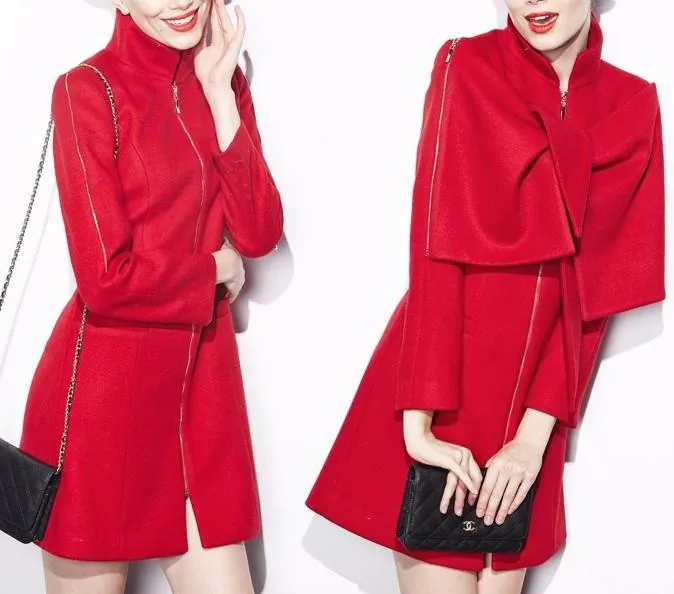 Changeable Bow/Cape Zip Embellished Wool Coat in Blue or Red