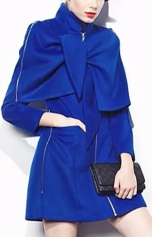 Changeable Bow/Cape Zip Embellished Wool Coat in Blue or Red