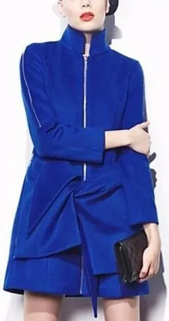 Changeable Bow/Cape Zip Embellished Wool Coat in Blue or Red