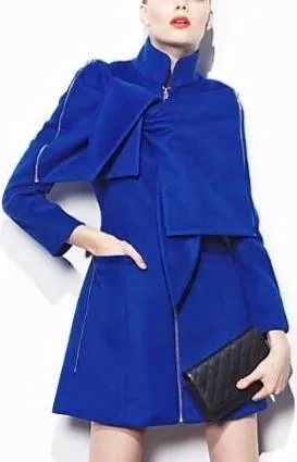 Changeable Bow/Cape Zip Embellished Wool Coat in Blue or Red