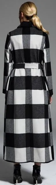 Check Pattern Long Wool Coat in Black & White