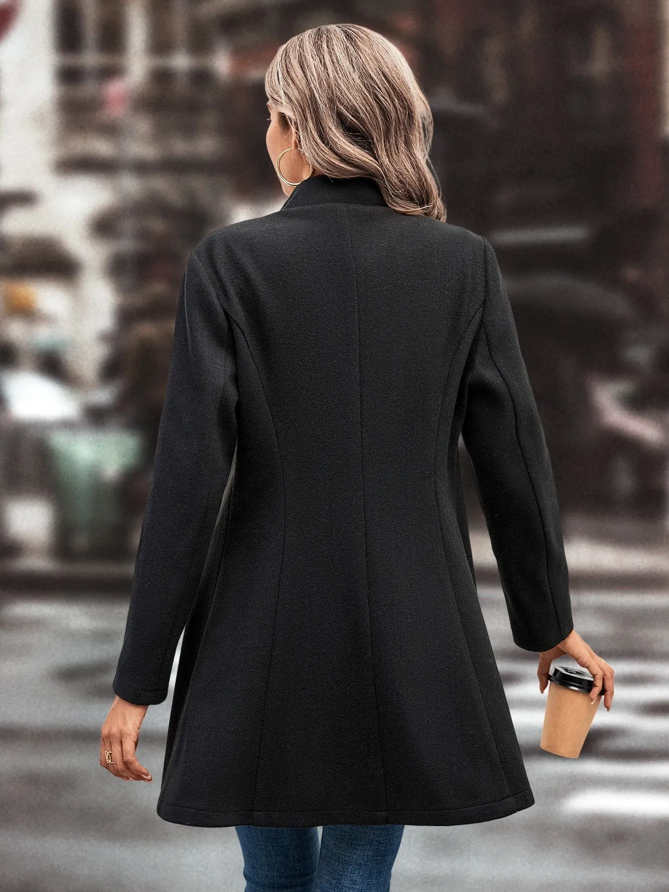 Clasi Lapel Neck Single Breasted Overcoat,Ladies Late Fall Elegant Button Regular Sleeve Lapel Regular Fit Black Plain Women Overcoats,Casual Daily Wear