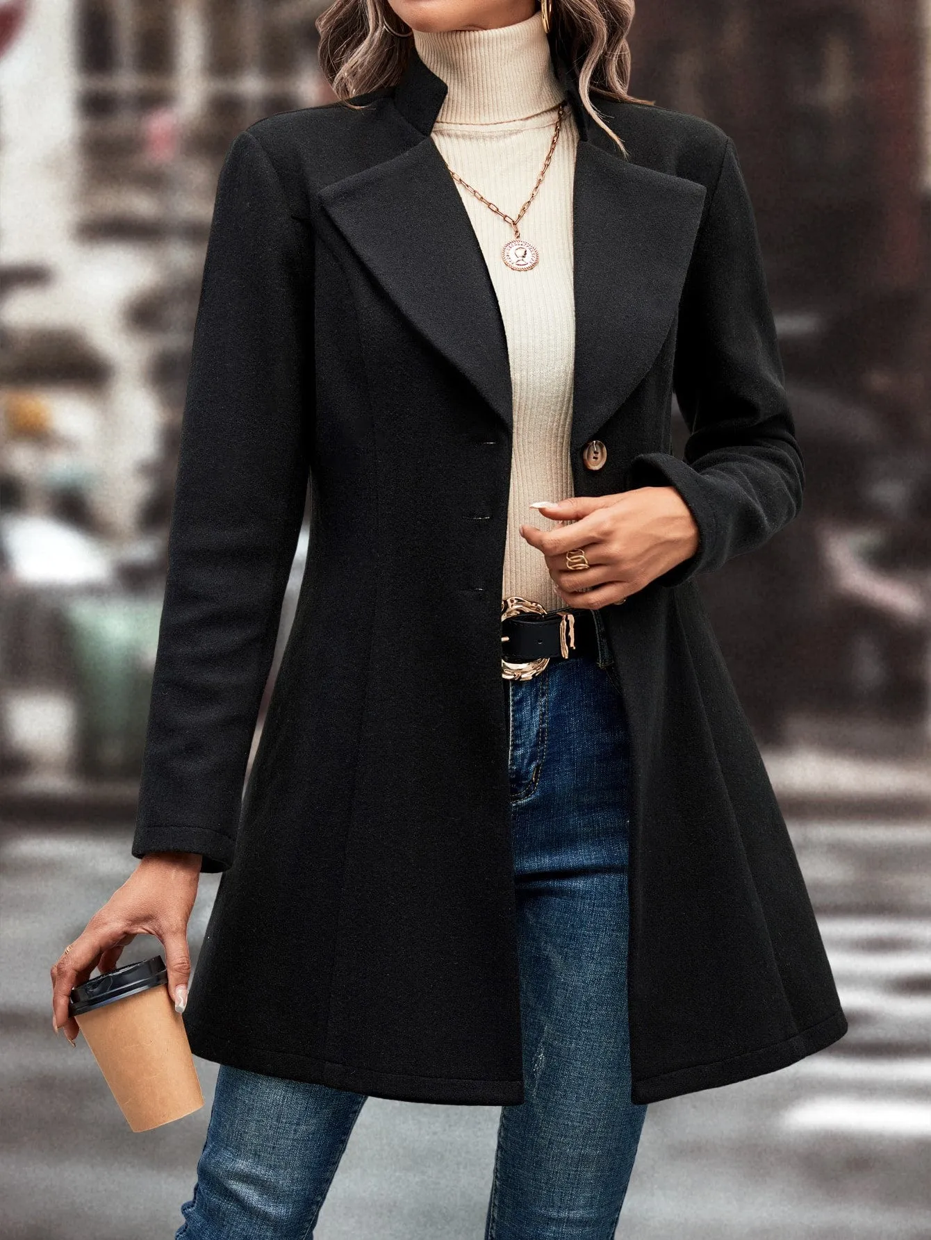 Clasi Lapel Neck Single Breasted Overcoat,Ladies Late Fall Elegant Button Regular Sleeve Lapel Regular Fit Black Plain Women Overcoats,Casual Daily Wear