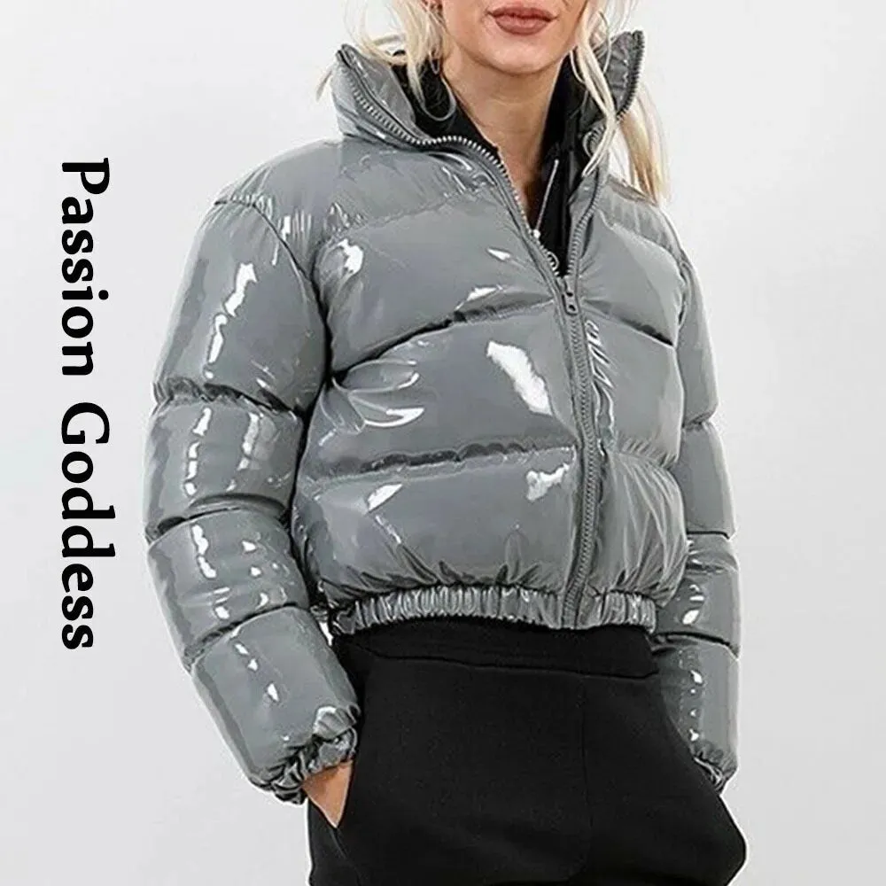 cold weather outfits Joskaa Autumn Winter Women Bright Leather Puffer Jackets Warm Loose Cute Bubble Coats Parkas Down Stand Collar Solid Color Parkas XXL