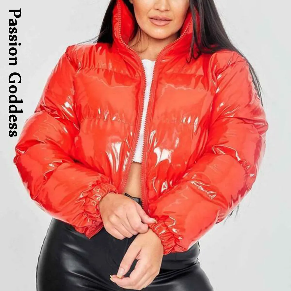 cold weather outfits Joskaa Autumn Winter Women Bright Leather Puffer Jackets Warm Loose Cute Bubble Coats Parkas Down Stand Collar Solid Color Parkas XXL