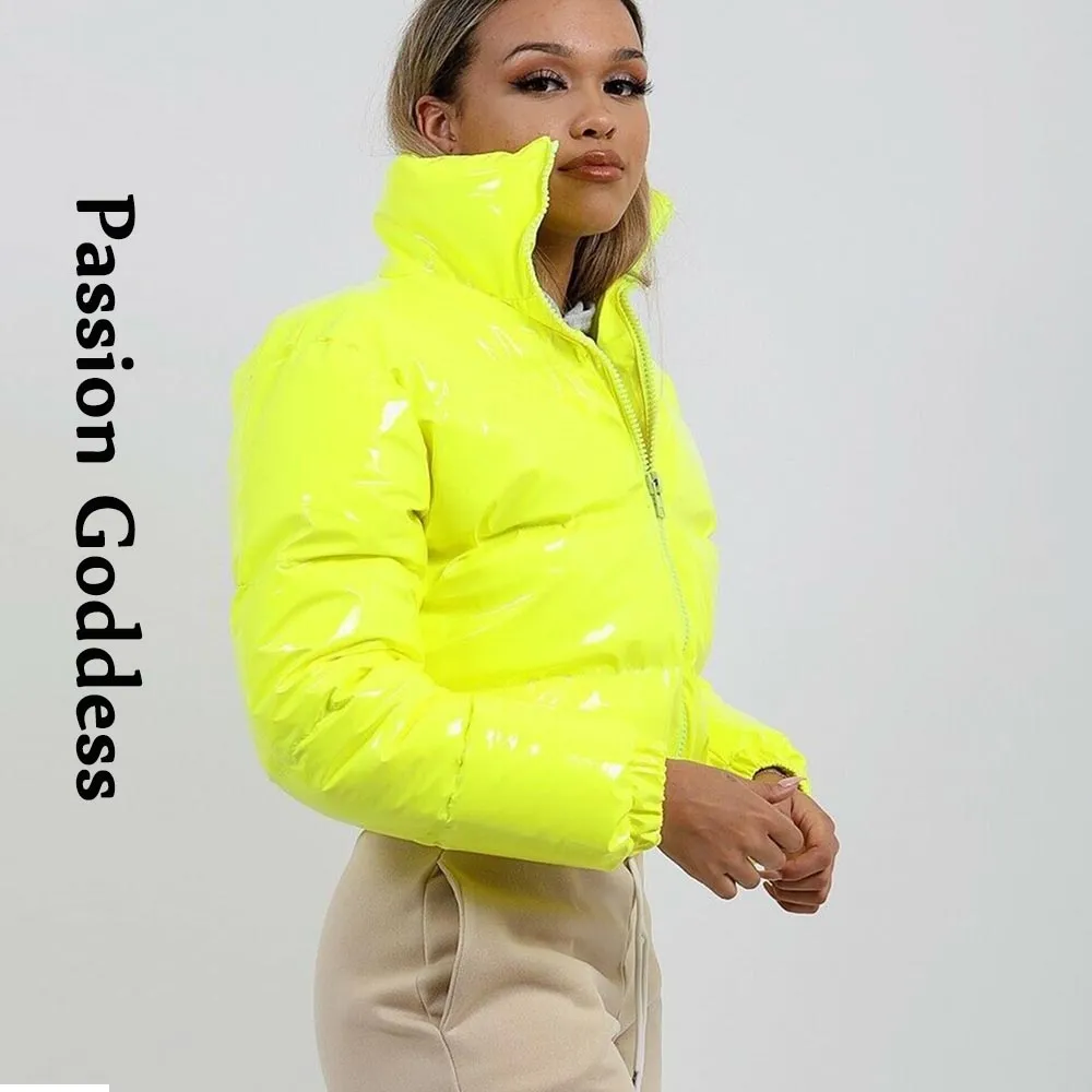 cold weather outfits Joskaa Autumn Winter Women Bright Leather Puffer Jackets Warm Loose Cute Bubble Coats Parkas Down Stand Collar Solid Color Parkas XXL