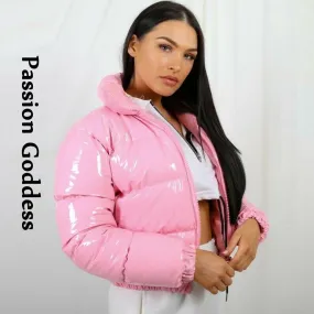 cold weather outfits Joskaa Autumn Winter Women Bright PU Puffer Jackets Warm Bubble Coat Down Parkas Outcoat Zipper Jacket Cute Pink Cropped Parkas XXL