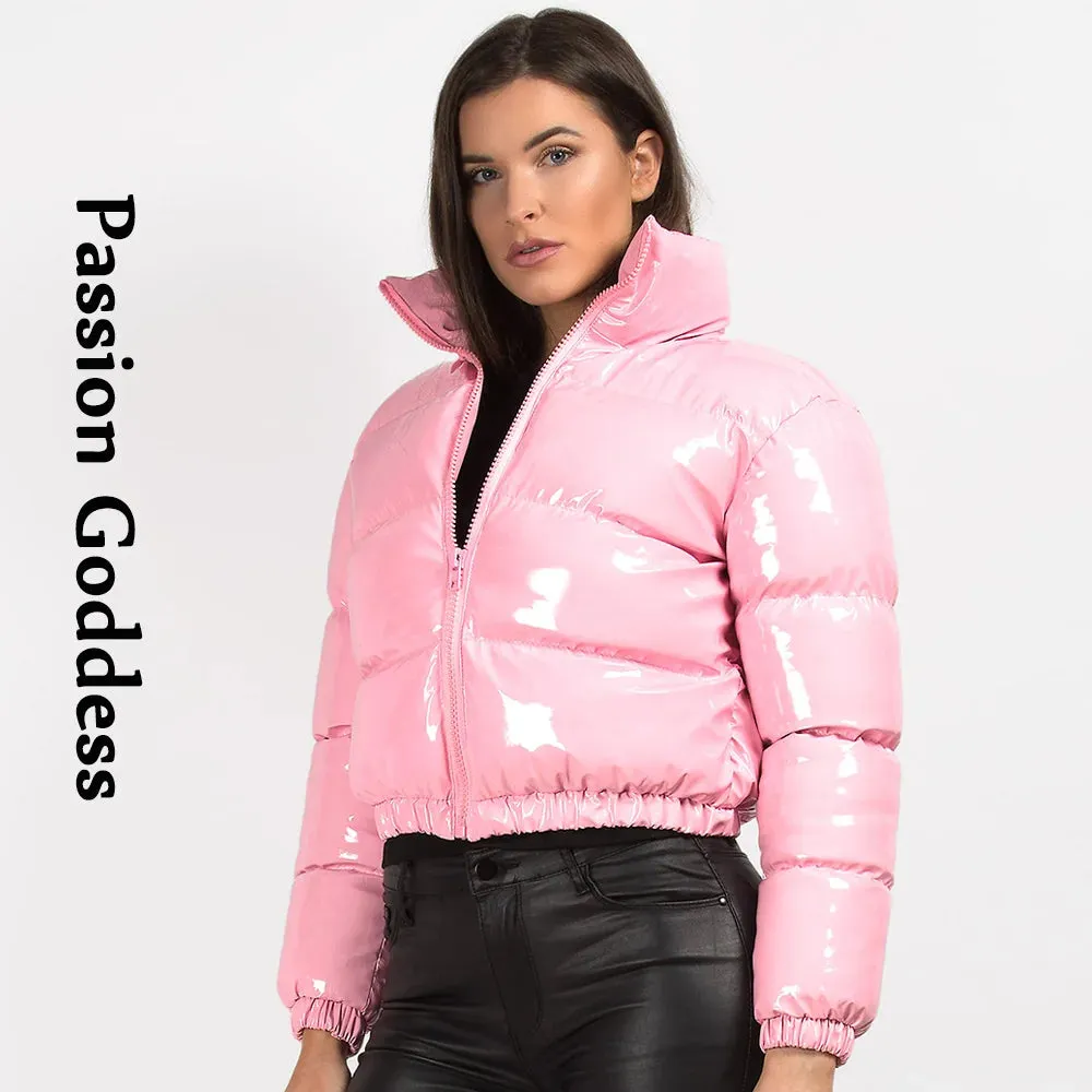 cold weather outfits Joskaa Cool Women Shiny Leather Down Jacket Black Pink PVC Short Bomber Puffer Jackets Bright PU Cropped Parkas Down Bubble Coats XXL