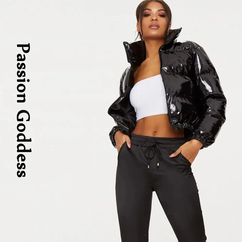 cold weather outfits Joskaa Cool Women Shiny Leather Down Jacket Black Pink PVC Short Bomber Puffer Jackets Bright PU Cropped Parkas Down Bubble Coats XXL