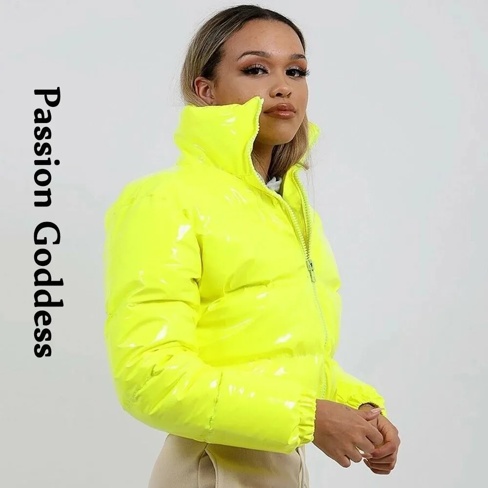 cold weather outfits Joskaa Cool Women Shiny Leather Down Jacket Black Pink PVC Short Bomber Puffer Jackets Bright PU Cropped Parkas Down Bubble Coats XXL