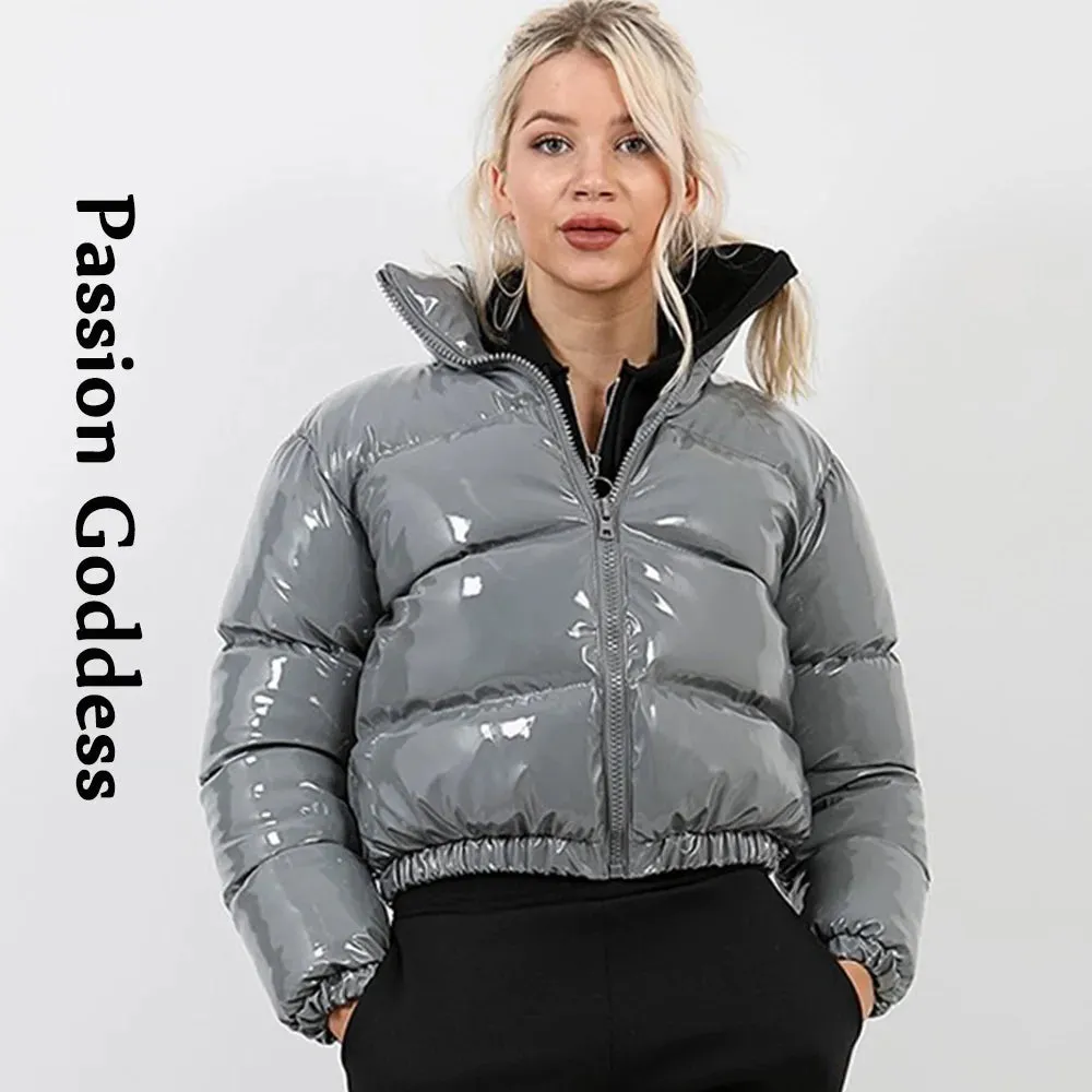 cold weather outfits Joskaa Cool Women Shiny Leather Down Jacket Black Pink PVC Short Bomber Puffer Jackets Bright PU Cropped Parkas Down Bubble Coats XXL