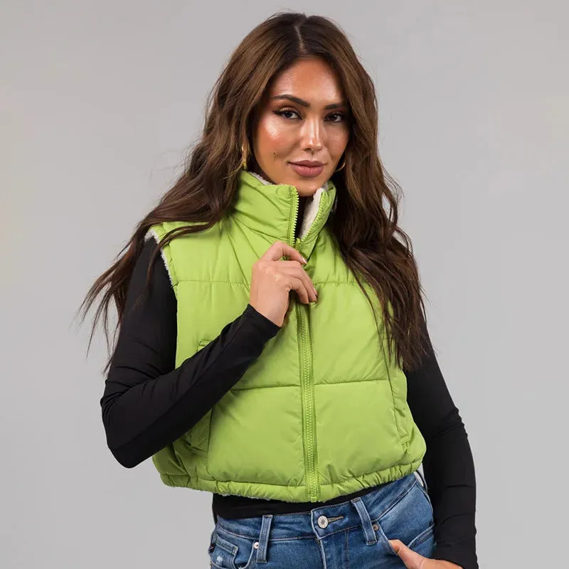 cold weather outfits Joskaa Fashion Women Lamb Wool Puffer Jackets Vest Both Sides Wear Sleeveless Zipper Bubble Coats Parkas Down Vests Cotton Crop Parkas