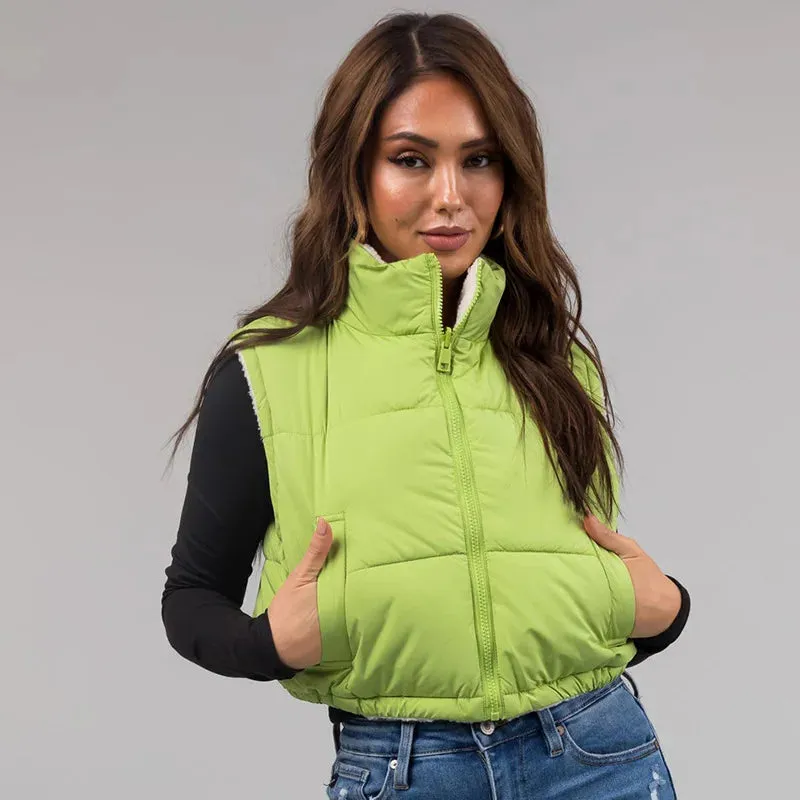 cold weather outfits Joskaa Fashion Women Lamb Wool Puffer Jackets Vest Both Sides Wear Sleeveless Zipper Bubble Coats Parkas Down Vests Cotton Crop Parkas