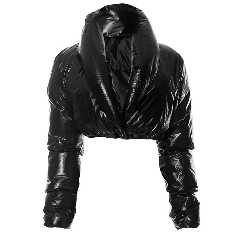 cold weather outfits Joskaa Unique Black PU Leather Puffer Jacket Women Big Bubble Laple Short Bubble Coat One Buckle High Waist Cardigan Jacket Puff Parkas